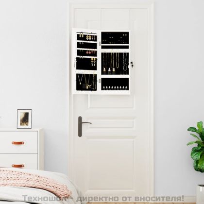 Огледален шкаф за бижута с LED осветление, стенен монтаж, бял