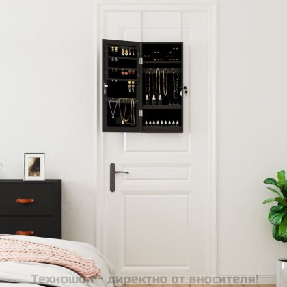 Огледален шкаф за бижута с LED осветление, стенен монтаж, черен