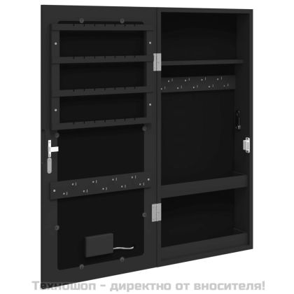 Огледален шкаф за бижута с LED осветление, стенен монтаж, черен