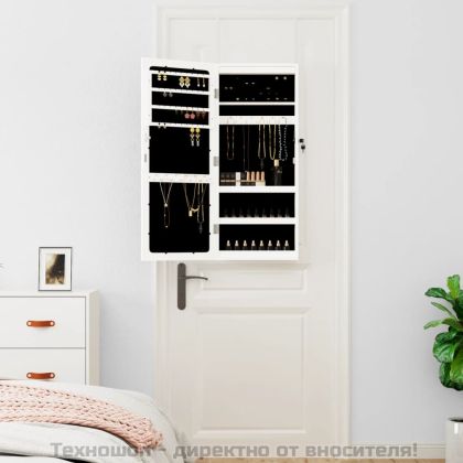 Огледален шкаф за бижута с LED осветление, стенен монтаж, бял