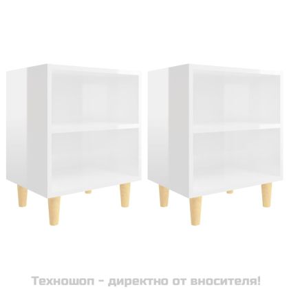 Нощни шкафчета крака от дърво масив 2 бр бял гланц 40x30x50 см