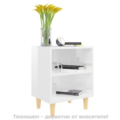 Нощни шкафчета крака от дърво масив 2 бр бял гланц 40x30x50 см