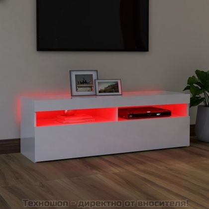 ТВ шкаф с LED осветление, бял гланц, 120x35x40 см