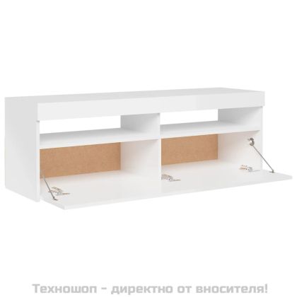 ТВ шкаф с LED осветление, бял гланц, 120x35x40 см