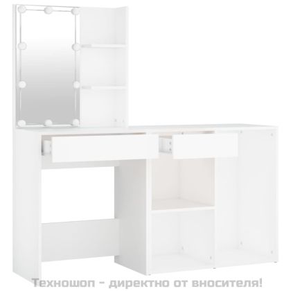 LED тоалетка с шкаф, бяла, инженерно дърво