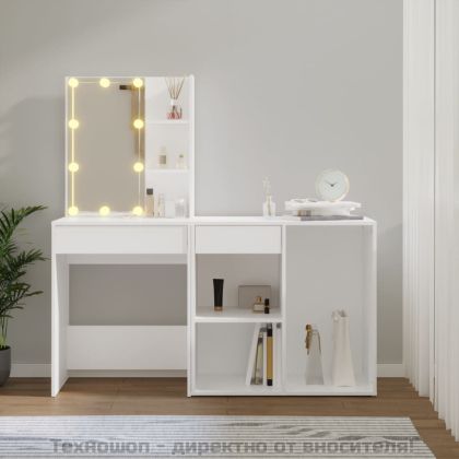 LED тоалетка с шкаф, бяла, инженерно дърво