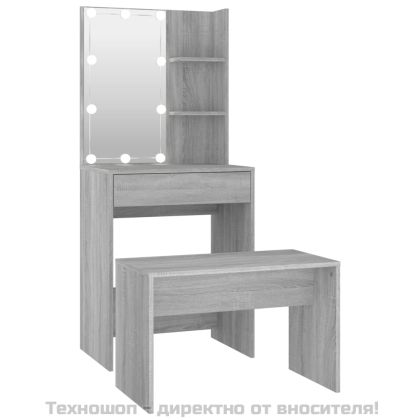 Комплект тоалетка с LED, сив сонома, инженерно дърво