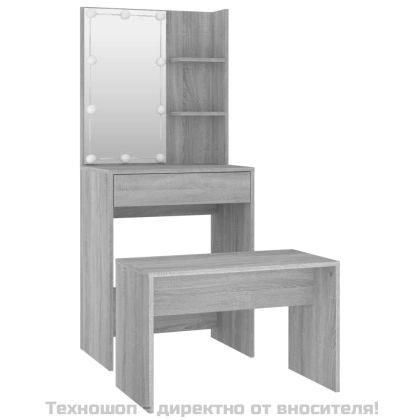 Комплект тоалетка с LED, сив сонома, инженерно дърво