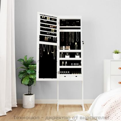 Огледален шкаф за бижута с LED осветление, свободностоящ, бял