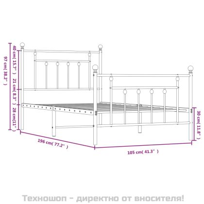 Метална рамка за легло с горна и долна табла, бяла, 100x190 см