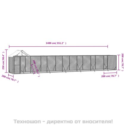 Външна клетка за куче с покрив сребриста 14x2x2,5 м стомана