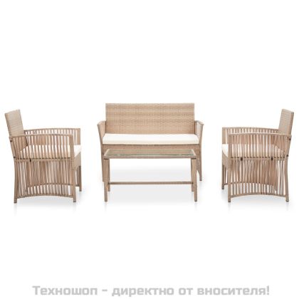 Градински комплект с възглавница, 4 части, бежов полиратан