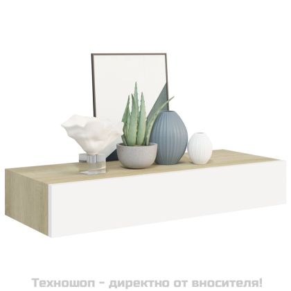 Стенен рафт за чекмеджета, дъб и бяло, 60x23,5x10 см, MDF