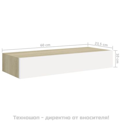 Стенен рафт за чекмеджета, дъб и бяло, 60x23,5x10 см, MDF