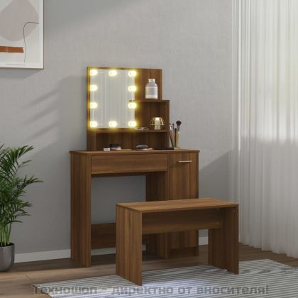 Комплект тоалетка с LED, кафяв дъб, инженерно дърво