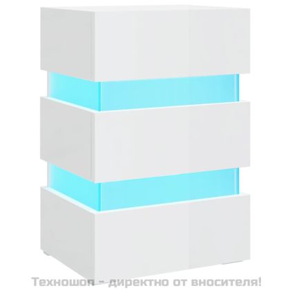 Нощно шкафче с LED, бял гланц, 45x35x67 см, инженерно дърво