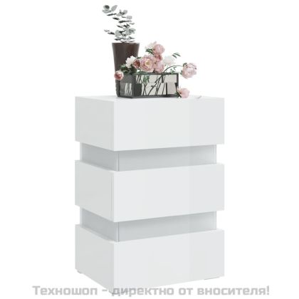 Нощно шкафче с LED, бял гланц, 45x35x67 см, инженерно дърво