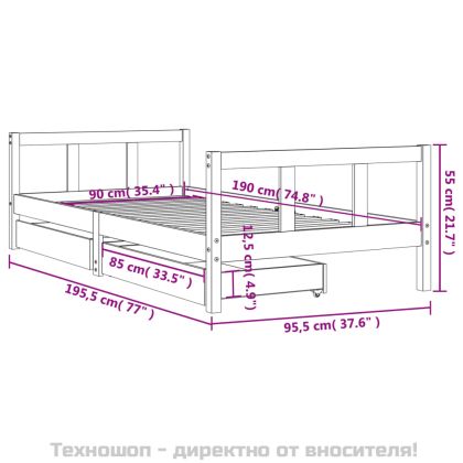 Детска рамка за легло с чекмеджета, бяла, 90x190 см, бор масив