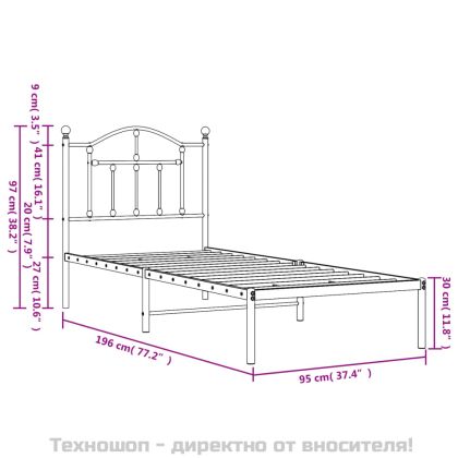 Метална рамка за легло с горна табла, черна, 90x190 см
