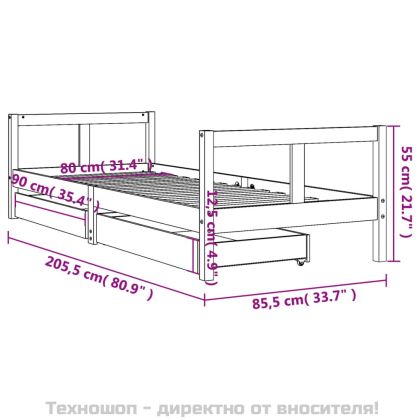 Рамка за детско легло с чекмеджета, черно, 80x200 см, чам масив