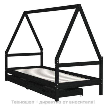 Рамка за детско легло с чекмеджета, черно, 80x200 см, чам масив