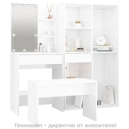 Комплект тоалетка с LED, бял гланц, инженерно дърво