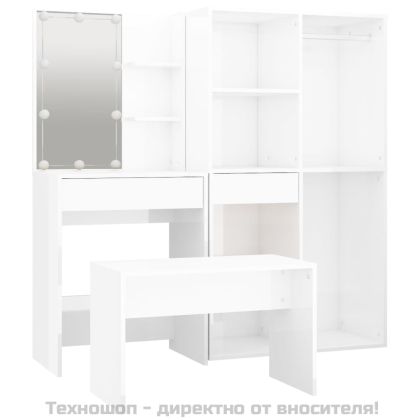 Комплект тоалетка с LED, бял гланц, инженерно дърво