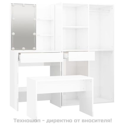 Комплект тоалетка с LED, бял гланц, инженерно дърво