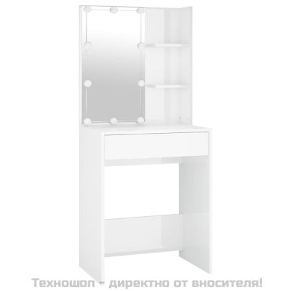 Комплект тоалетка с LED, бял гланц, инженерно дърво