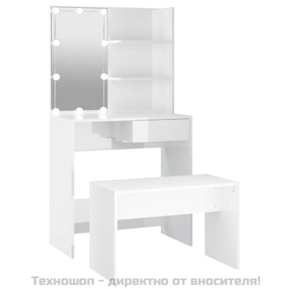 Комплект тоалетка с LED, бял гланц, инженерно дърво