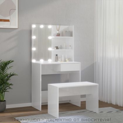 Комплект тоалетка с LED, бял гланц, инженерно дърво