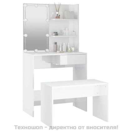 Комплект тоалетка с LED, бял гланц, инженерно дърво