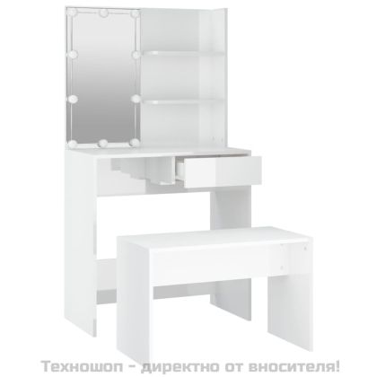 Комплект тоалетка с LED, бял гланц, инженерно дърво