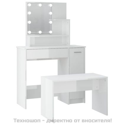 Комплект тоалетка с LED, бял гланц, инженерно дърво