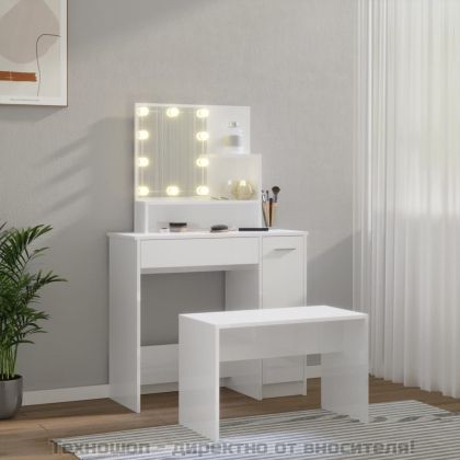 Комплект тоалетка с LED, бял гланц, инженерно дърво