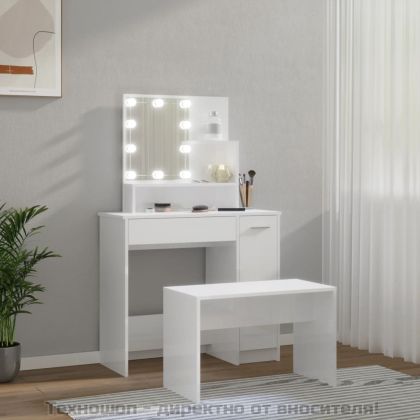 Комплект тоалетка с LED, бял гланц, инженерно дърво