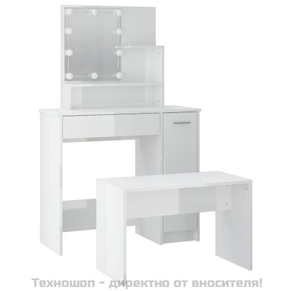 Комплект тоалетка с LED, бял гланц, инженерно дърво