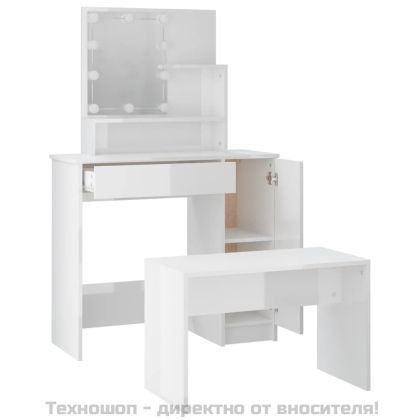 Комплект тоалетка с LED, бял гланц, инженерно дърво