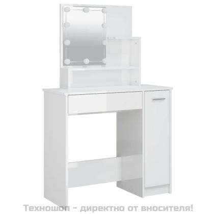 Комплект тоалетка с LED, бял гланц, инженерно дърво