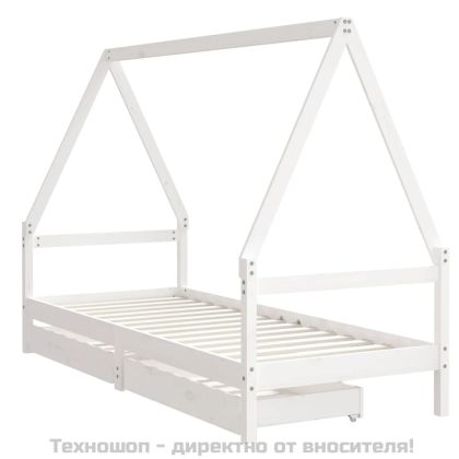 Рамка за детско легло с чекмеджета, бяла, 90x200 см, бор масив