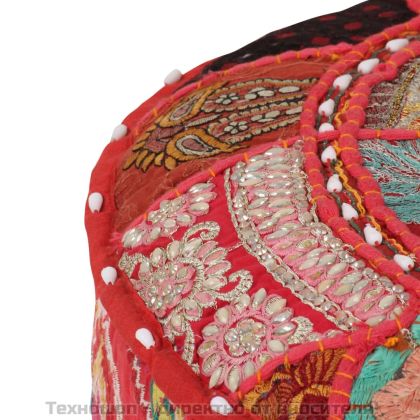 Пачуърк кръгъл пуф, памук, ръчна изработка, 40x20 см, червен