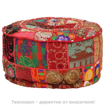 Пачуърк кръгъл пуф, памук, ръчна изработка, 40x20 см, червен