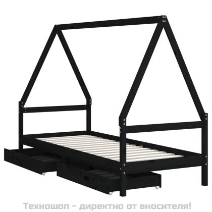 Рамка за детско легло с чекмеджета черна 90x200 см бор масив