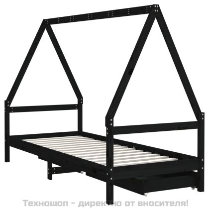 Рамка за детско легло с чекмеджета черна 90x200 см бор масив