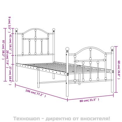 Метална рамка за легло с горна и долна табла, черна, 75x190 см