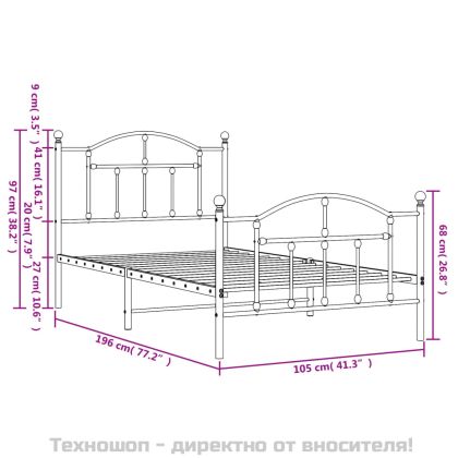 Метална рамка за легло с горна и долна табла, бяла, 100x190 см