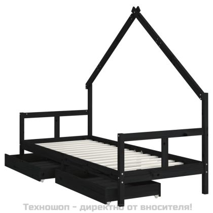 Рамка за детско легло с чекмеджета, черно, 80x200 см, чам масив