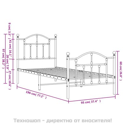 Метална рамка за легло с горна и долна табла, черна, 90x190 см