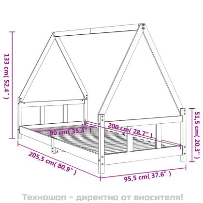 Рамка за детско легло, черна, 90x200 см, масивно борово дърво