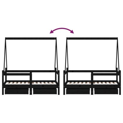 Рамка за детско легло с чекмеджета, черна, 70x140 см, бор масив